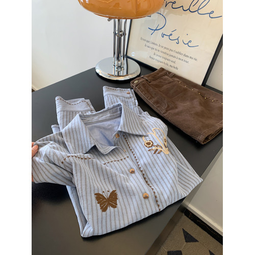 韓系蝴蝶刺綉設計感長袖開衫百搭正肩修身顯瘦復古條紋襯衫女