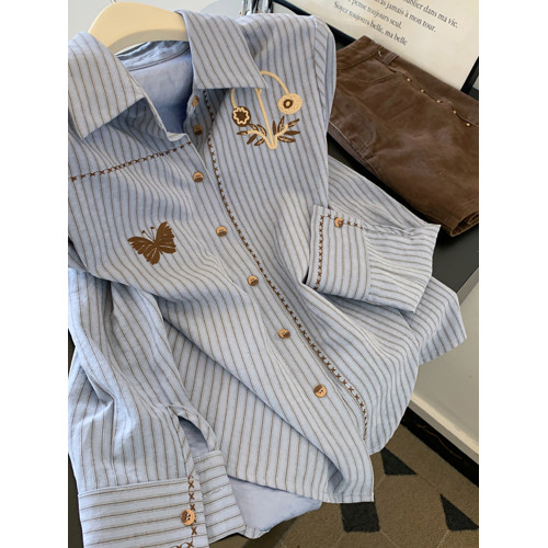 韓系蝴蝶刺綉設計感長袖開衫百搭正肩修身顯瘦復古條紋襯衫女