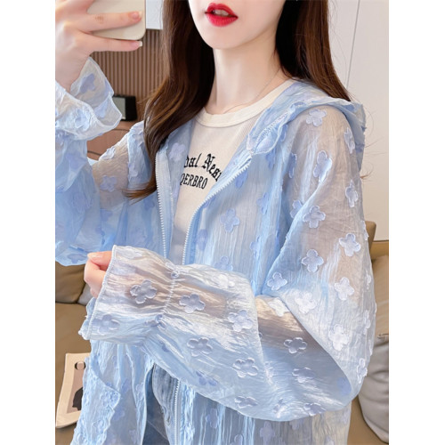 時尚提花防曬上衣女薄紗外穿正肩防曬服防紫外線夏季薄款開衫外套