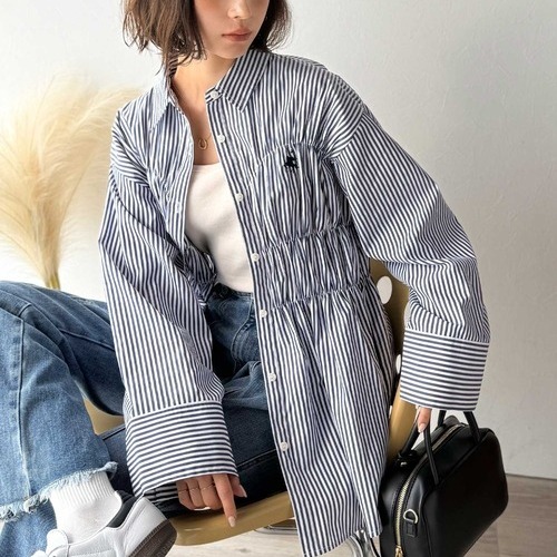 C09007日單秋新款客供料單排釦彈力松緊微寬鬆顯瘦女氣質長袖襯衫