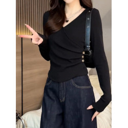 2026秋季新品黑色修身長袖T恤女洋氣高級顯瘦設計感時尚減齡上衣