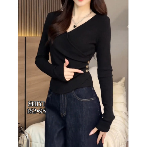 2026秋季新品黑色修身長袖T恤女洋氣高級顯瘦設計感時尚減齡上衣