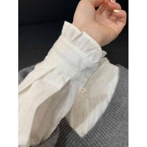 法式木耳邊小立領白色襯衫女秋季溫柔風氣質襯衣獨特漂亮內搭上衣