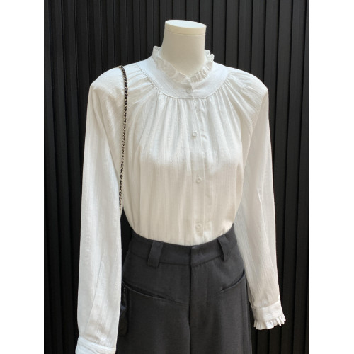 法式木耳邊小立領白色襯衫女秋季溫柔風氣質襯衣獨特漂亮內搭上衣