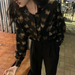 復古港味襯衫女春秋新款大碼胖妹妹設計感小衆POLO領長袖別致上衣