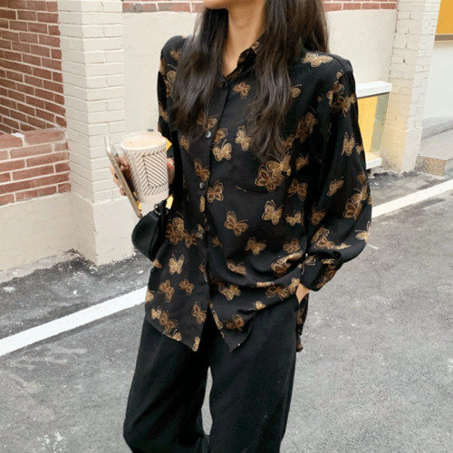 復古港味襯衫女春秋新款大碼胖妹妹設計感小衆POLO領長袖別致上衣