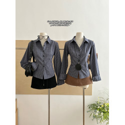 格子襯衫女春夏季2025新款韓版藍色長袖洋氣法式獨特上衣內搭襯衣