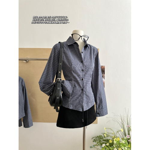 格子襯衫女春夏季2025新款韓版藍色長袖洋氣法式獨特上衣內搭襯衣