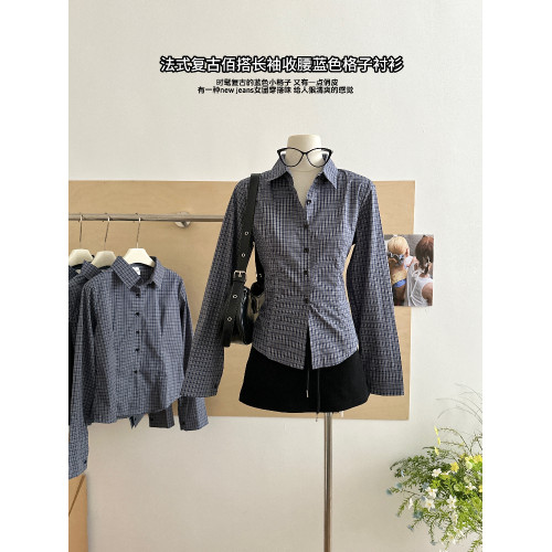 格子襯衫女春夏季2025新款韓版藍色長袖洋氣法式獨特上衣內搭襯衣