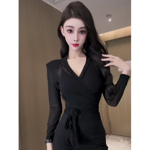 氣質豹紋女人味V領微透系帶防曬上衣2025秋冬新款收腰顯瘦長袖衫