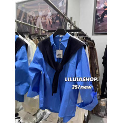 十三行早春2026新款高級感氣質藍色長袖襯衫+針織披肩兩件套上衣