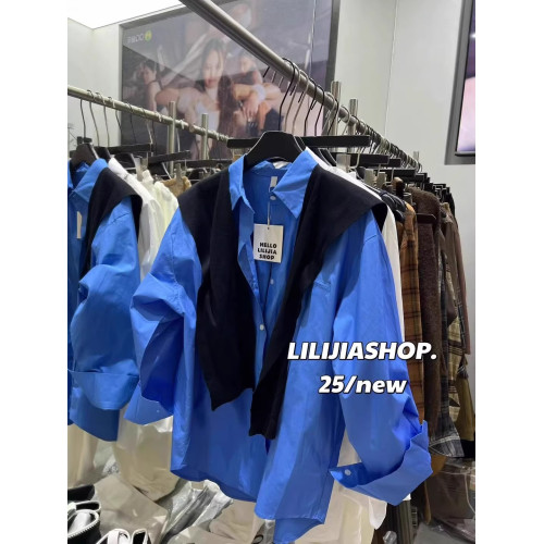 十三行早春2026新款高級感氣質藍色長袖襯衫+針織披肩兩件套上衣