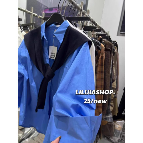 十三行早春2026新款高級感氣質藍色長袖襯衫+針織披肩兩件套上衣