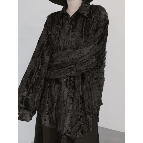 浮木兮/春季新款禁欲系厭世 蕾絲花邊小心機設計仙氣絲絨襯衫上衣