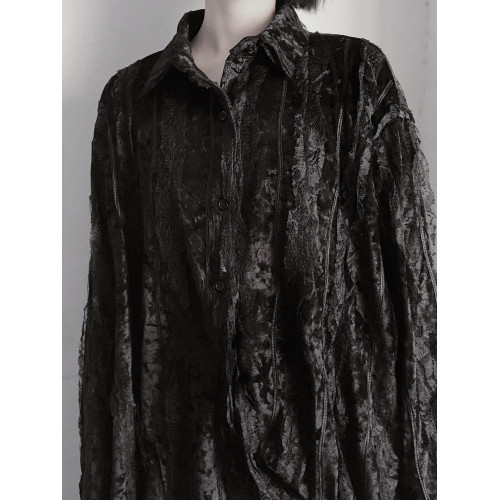 浮木兮/春季新款禁欲系厭世 蕾絲花邊小心機設計仙氣絲絨襯衫上衣