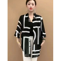 時尚雪紡防曬衣女夏季薄款大碼寬鬆撞色條紋polo領中長款開衫上衣