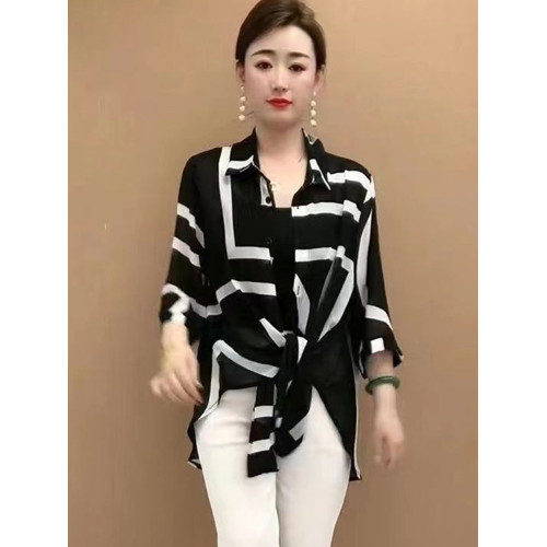 時尚雪紡防曬衣女夏季薄款大碼寬鬆撞色條紋polo領中長款開衫上衣