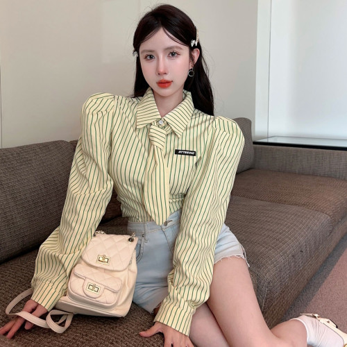 甜美條紋襯衫女氣質polo領帶時髦百搭韓系收腰顯瘦泡泡袖法式上衣