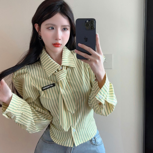 甜美條紋襯衫女氣質polo領帶時髦百搭韓系收腰顯瘦泡泡袖法式上衣