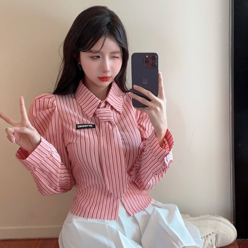 甜美條紋襯衫女氣質polo領帶時髦百搭韓系收腰顯瘦泡泡袖法式上衣