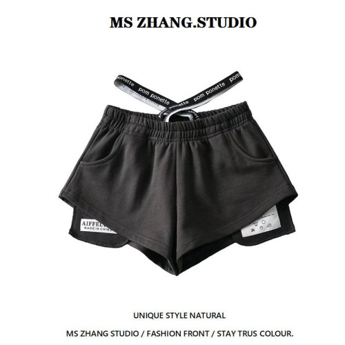 小個子設計感高腰短褲（口袋刺綉） 夏季辣妹風寬鬆濶腿熱褲