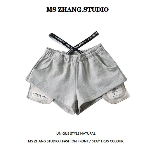 小個子設計感高腰短褲（口袋刺綉） 夏季辣妹風寬鬆濶腿熱褲