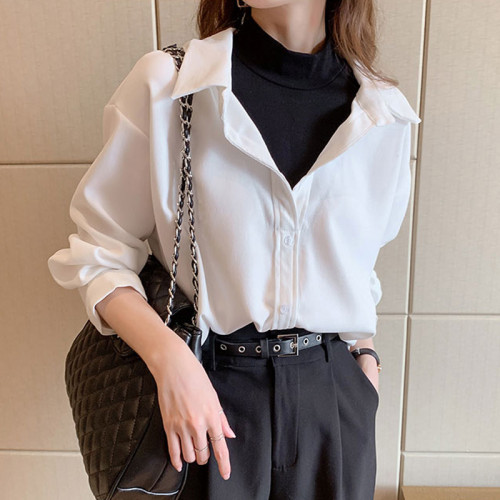 大碼胖mm假兩件襯衫女秋裝新款設計感小衆上衣拼接高領長袖打底衫