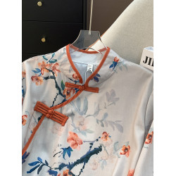 意大利單出口女復古盤釦立領印花襯衫七分袖改良旗袍大碼上衣