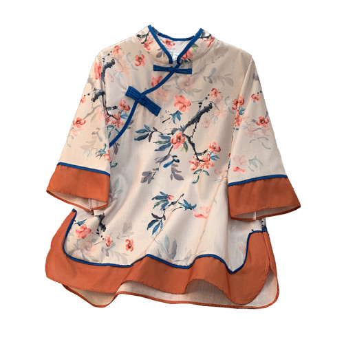 意大利單出口女復古盤釦立領印花襯衫七分袖改良旗袍大碼上衣