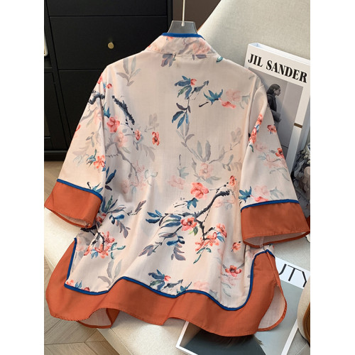 意大利單出口女復古盤釦立領印花襯衫七分袖改良旗袍大碼上衣