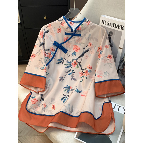 意大利單出口女復古盤釦立領印花襯衫七分袖改良旗袍大碼上衣