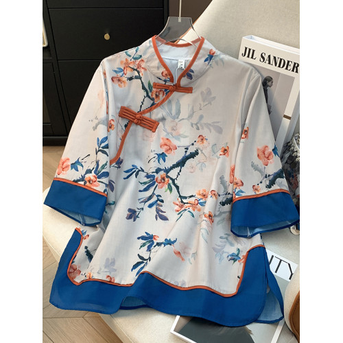 意大利單出口女復古盤釦立領印花襯衫七分袖改良旗袍大碼上衣