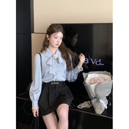 可拆卸山茶花蝴蝶結新款法式小香風娃娃領襯衫女白色氣質職業上衣