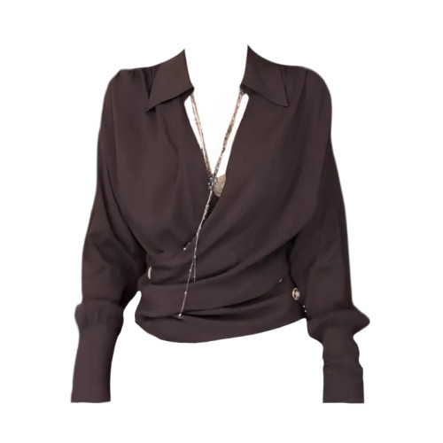 大碼胖MM性感辣妹交叉V領收腰咖色長袖襯衫早秋新款修身顯瘦上衣