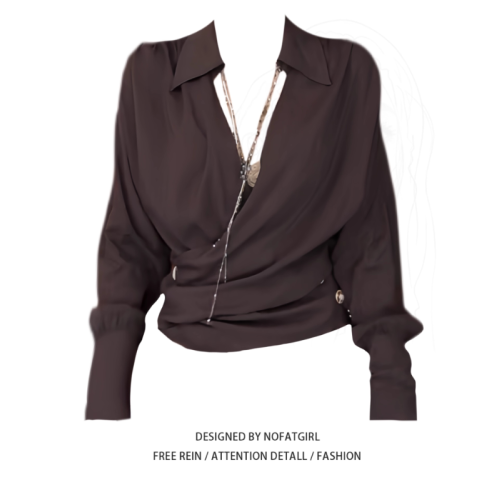 大碼胖MM性感辣妹交叉V領收腰咖色長袖襯衫早秋新款修身顯瘦上衣