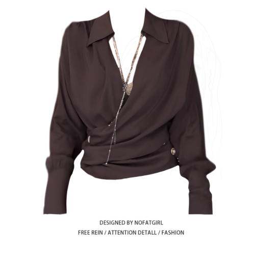 大碼胖MM性感辣妹交叉V領收腰咖色長袖襯衫早秋新款修身顯瘦上衣