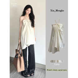 今年流行的漂亮小衫抹胸寬鬆修身不規則下擺春夏季女新款掛脖上衣