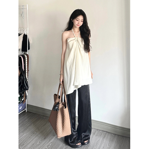 今年流行的漂亮小衫抹胸寬鬆修身不規則下擺春夏季女新款掛脖上衣