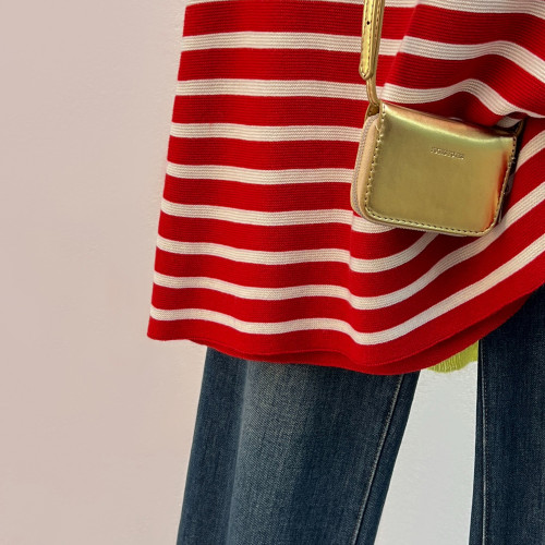 專櫃撤廻剪標紅色條紋套頭短袖T恤女夏季新款顯瘦短款正肩小上衣