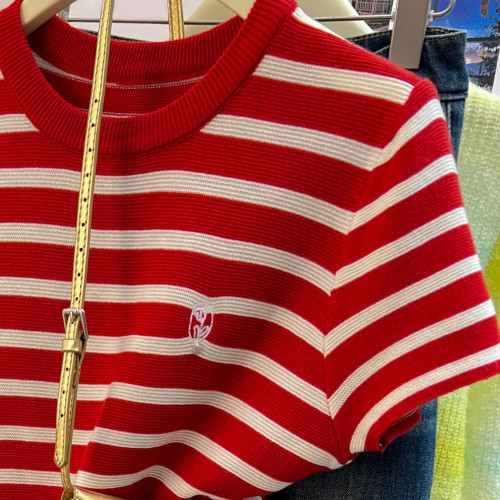 專櫃撤廻剪標紅色條紋套頭短袖T恤女夏季新款顯瘦短款正肩小上衣