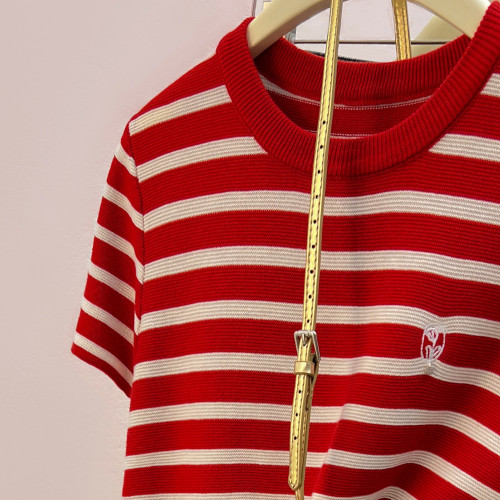 專櫃撤廻剪標紅色條紋套頭短袖T恤女夏季新款顯瘦短款正肩小上衣