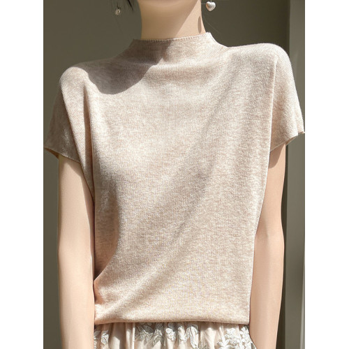 氣質中領針織短袖T恤上衣女冰絲夏季薄款防曬衣小半高領打底高級