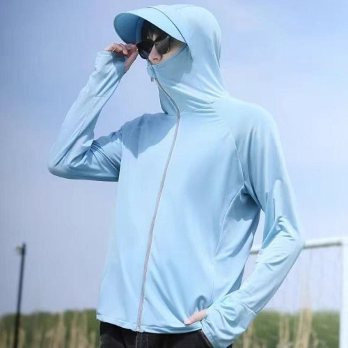 冰絲網眼防曬衣男款防紫外線釣魚服遮陽防曬衣帽遮臉一體防曬服