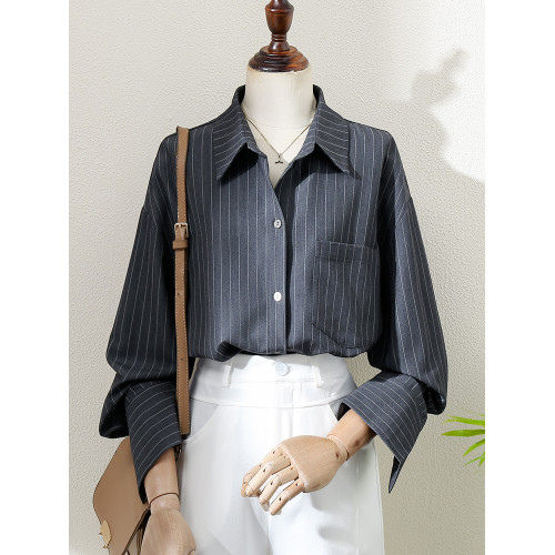 2025秋季新款寬鬆條紋顯瘦休閒垂感襯衣高級時髦肌理感長袖襯衫女