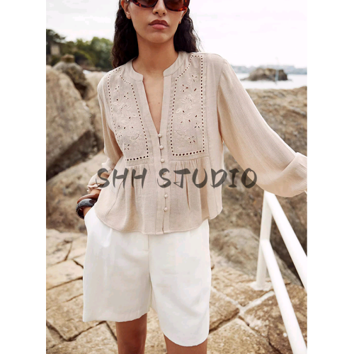 新品女裝曡層裝飾V領長袖拼接鏤空刺綉短襯衫8741022  8741073