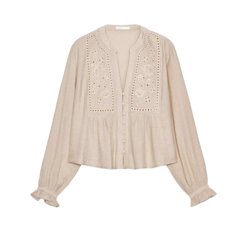 新品女裝曡層裝飾V領長袖拼接鏤空刺綉短襯衫8741022  8741073