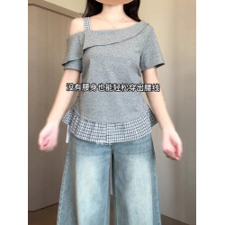 大碼溫柔風斜肩格子拼接短袖T恤女夏季胖mm顯瘦收腰荷葉邊小上衣