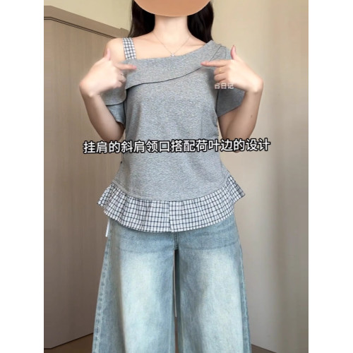 大碼溫柔風斜肩格子拼接短袖T恤女夏季胖mm顯瘦收腰荷葉邊小上衣