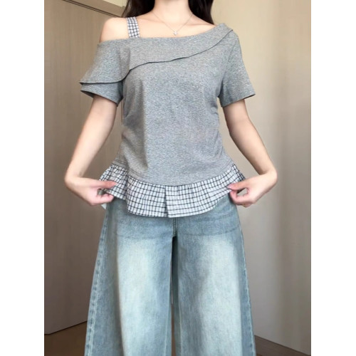 大碼溫柔風斜肩格子拼接短袖T恤女夏季胖mm顯瘦收腰荷葉邊小上衣