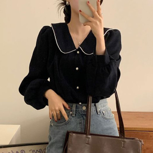 韓國chic春季減齡百搭娃娃領撞色鑲邊寬鬆休閒泡泡袖襯衫上衣女